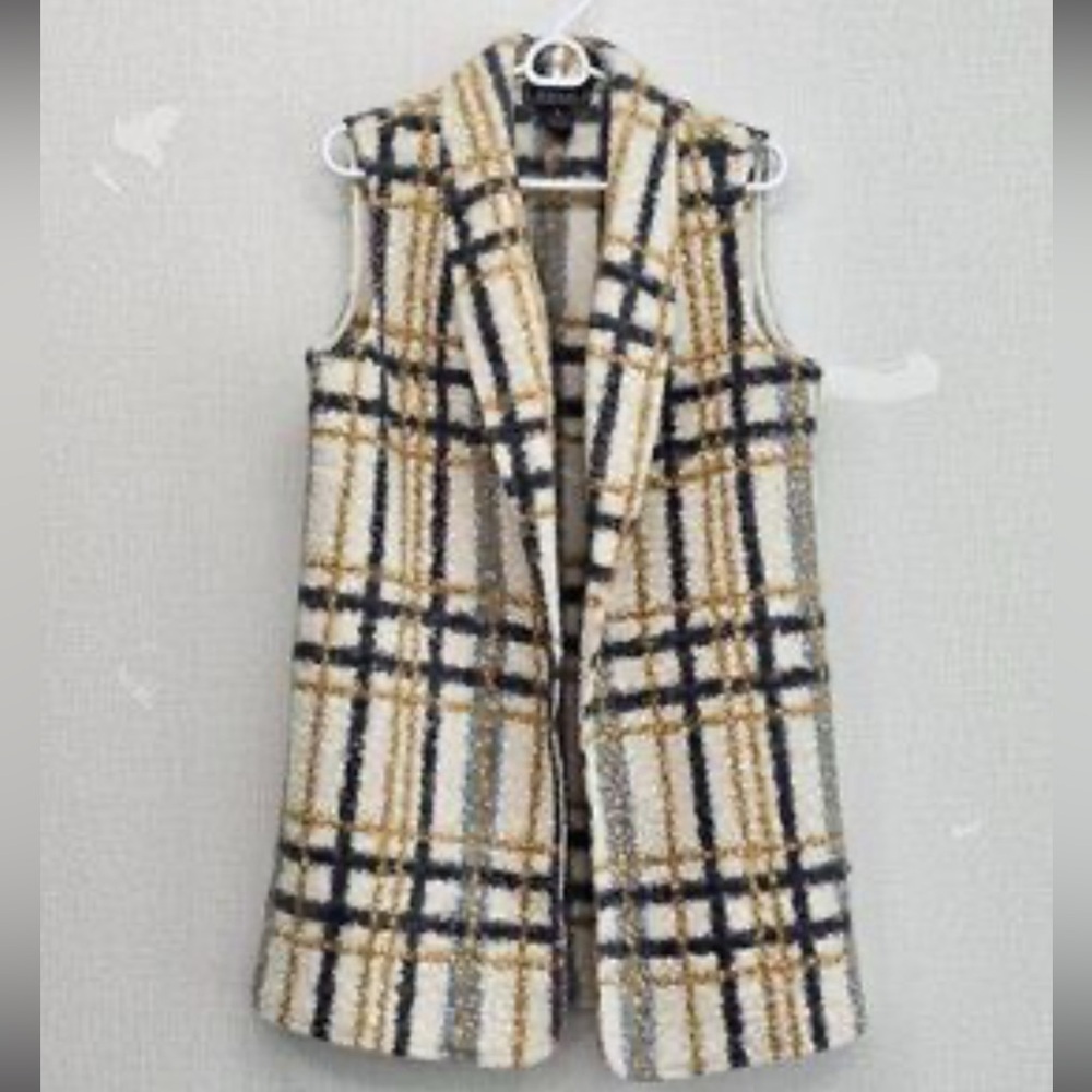 New York & Company Plaid Boucle Long Vest - Preppy Academia - Size L
